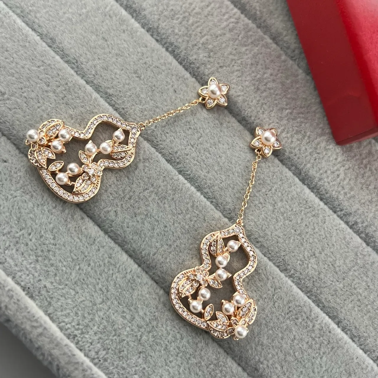 Silver and Gold Tone Pearl and Pavé Heart Floral Drop Earrings 4