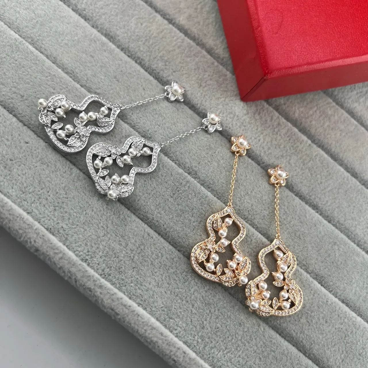 Silver and Gold Tone Pearl and Pavé Heart Floral Drop Earrings 5