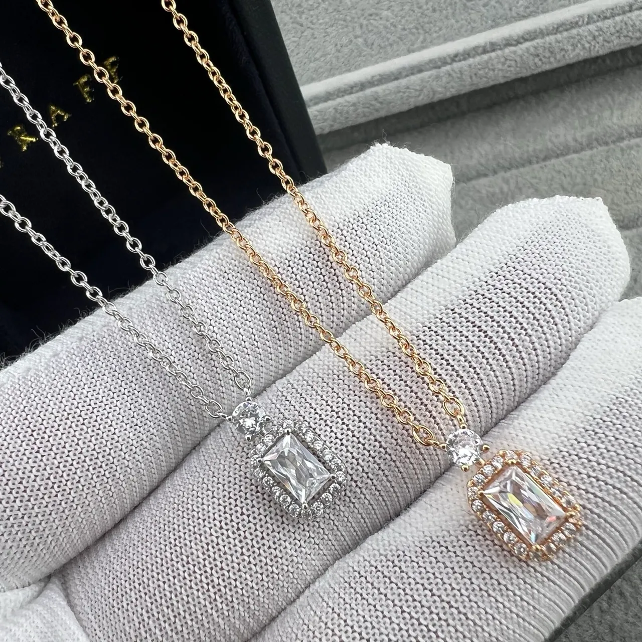 Silver and Gold Tone Rectangular Halo Pendant Necklaces 6
