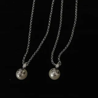 Silver Beige Curb Chain Spherical Pearl-Like Pendant Necklace