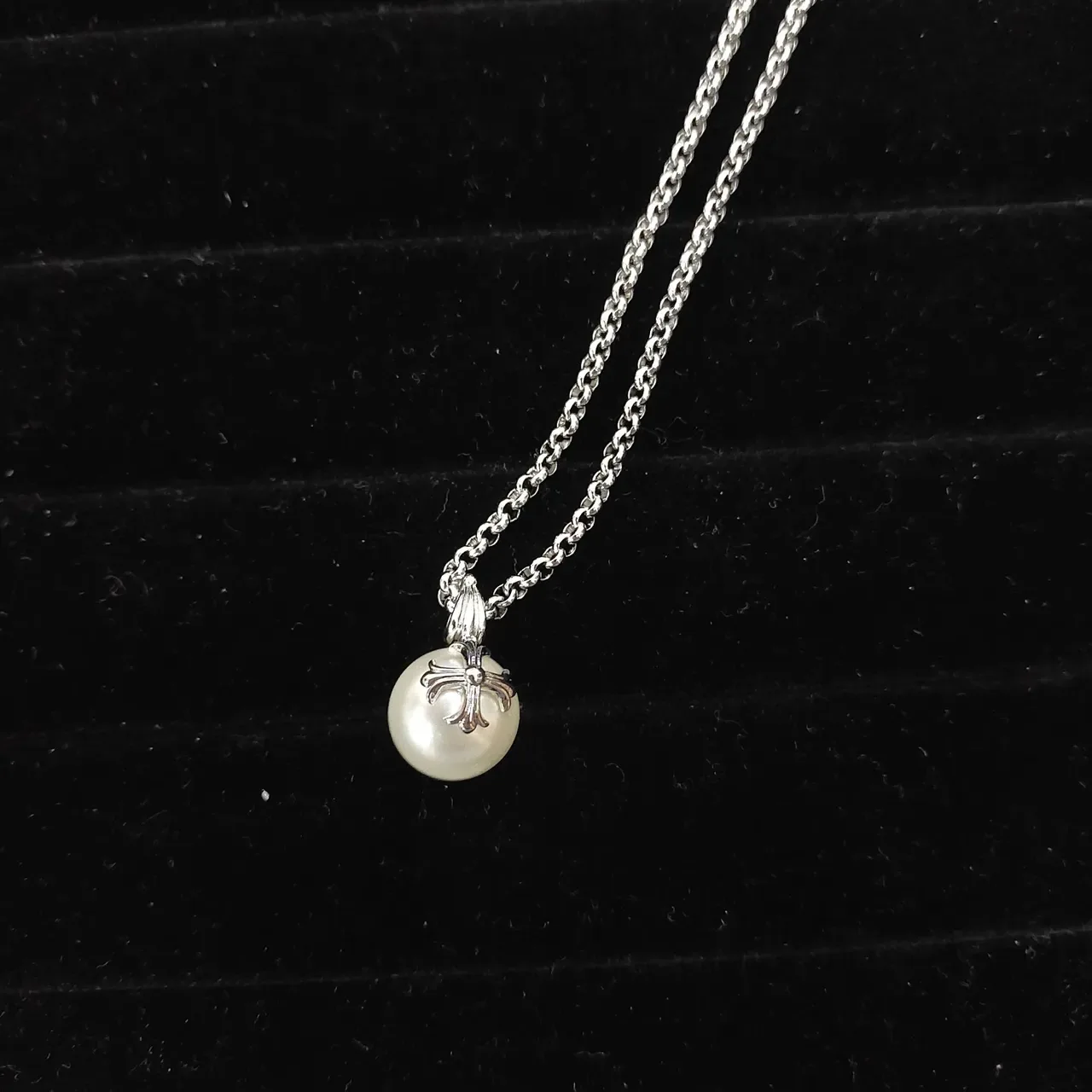 Silver Beige Curb Chain Spherical Pearl-Like Pendant Necklace 2