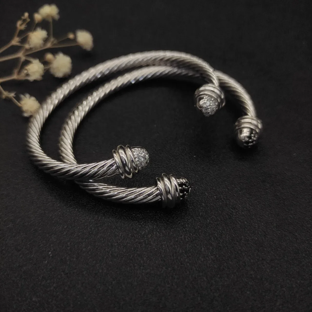 Silver Black Cable-Twist Pavé-Set End Caps Bracelet 4