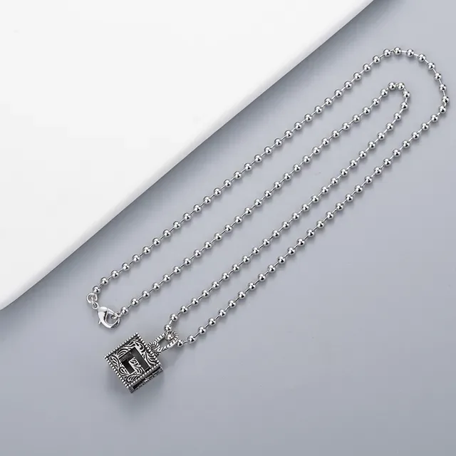 Silver Black Chain Ornate Square Pendant Necklace 3