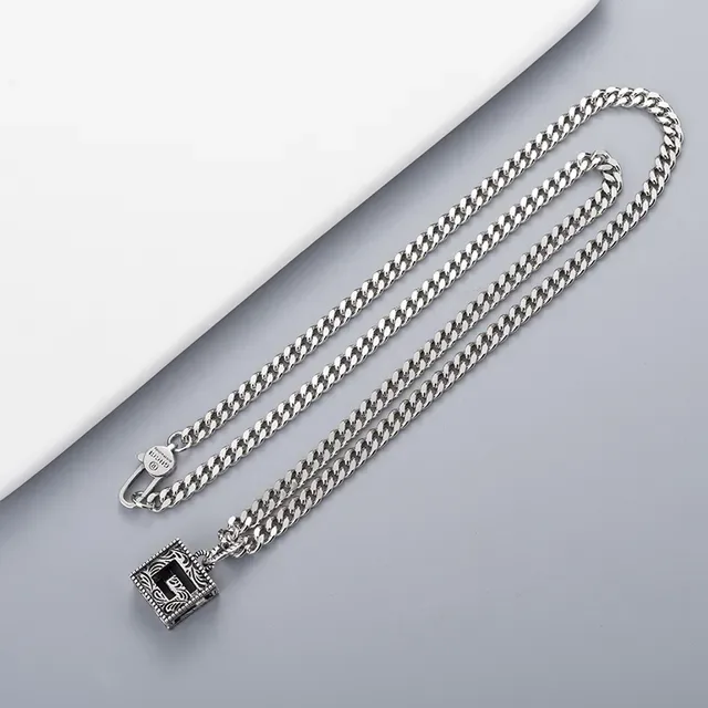 Silver Black Chain Ornate Square Pendant Necklace 4