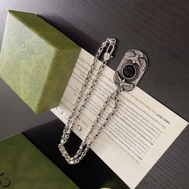 Silver Black Ornate Chain Rectangular Dog-Tag-Style Pendant Necklace 2