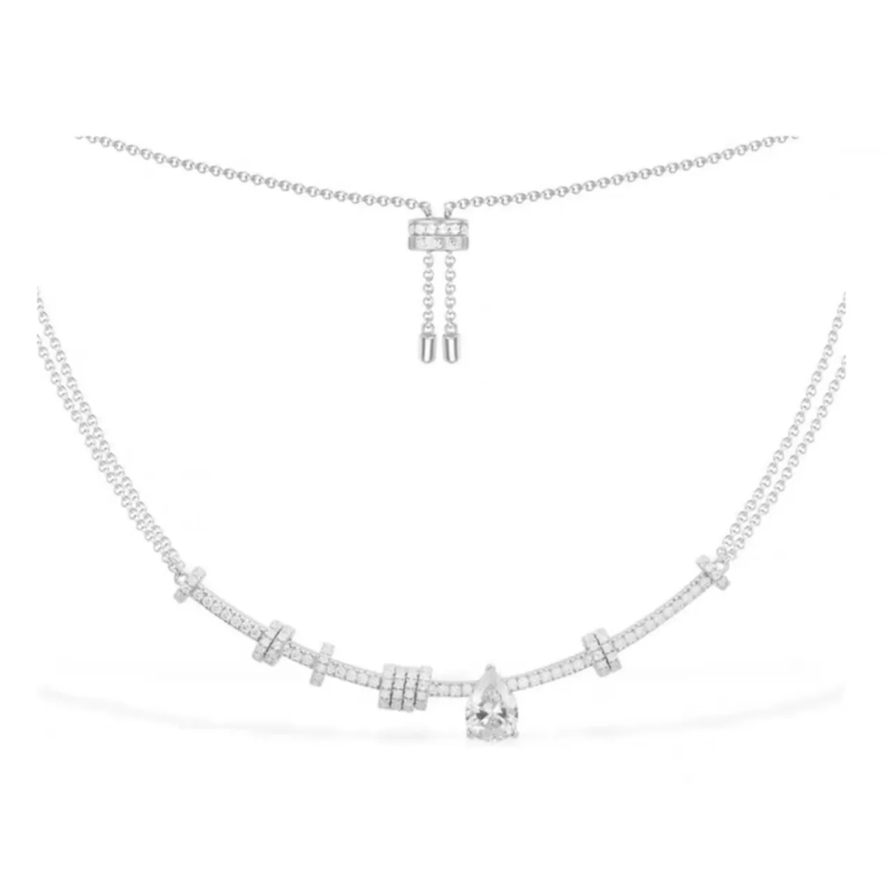 Silver Blue Pavé-Set Bar Links Teardrop Pendant Necklace 2