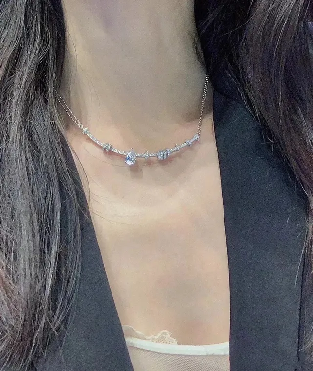 Silver Blue Pavé-Set Bar Links Teardrop Pendant Necklace 3