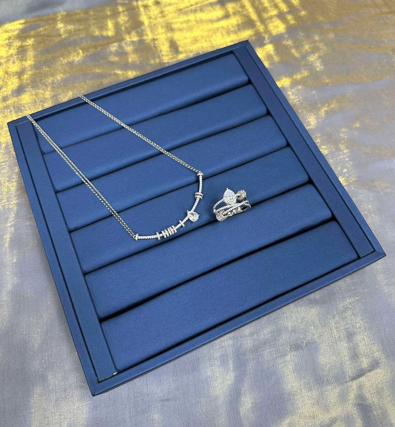 Silver Blue Pavé-Set Bar Links Teardrop Pendant Necklace 7