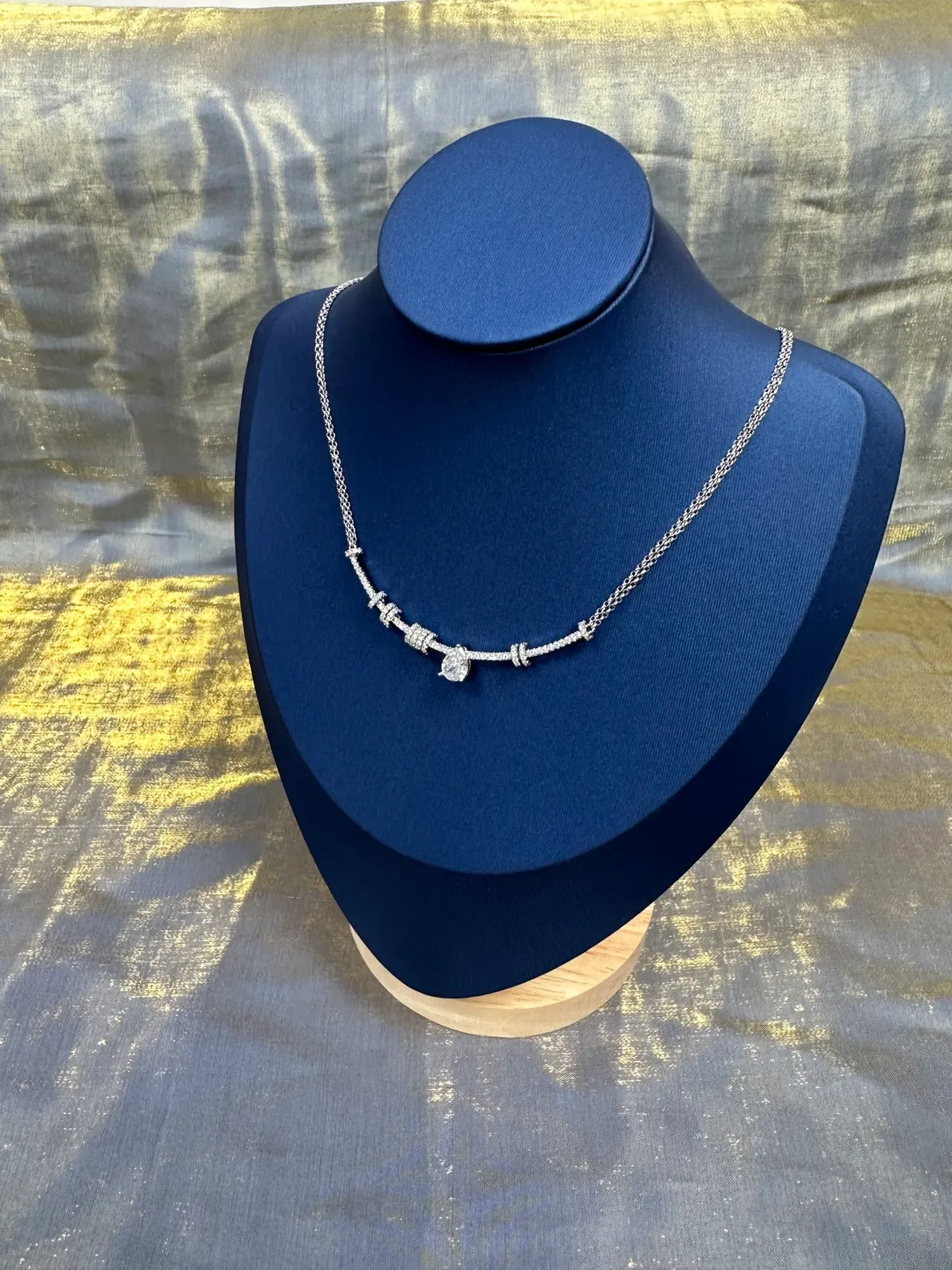 Silver Blue Pavé-Set Bar Links Teardrop Pendant Necklace 9