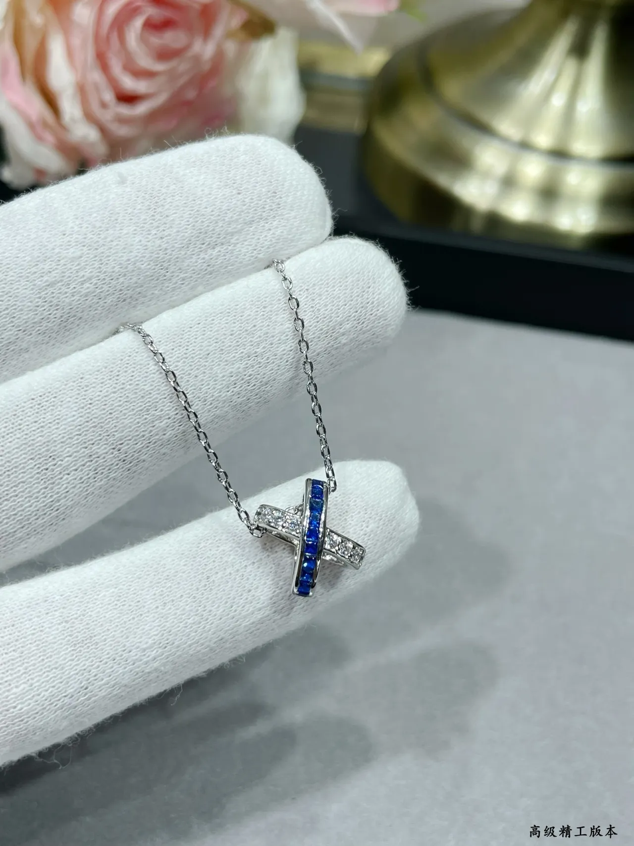 Silver Blue X-Shaped Pendant Channel-Set Stones Necklace 4