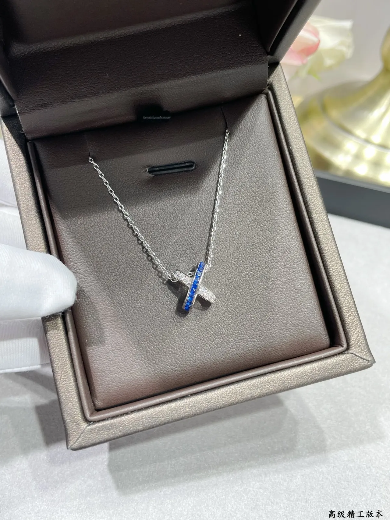 Silver Blue X-Shaped Pendant Channel-Set Stones Necklace 6