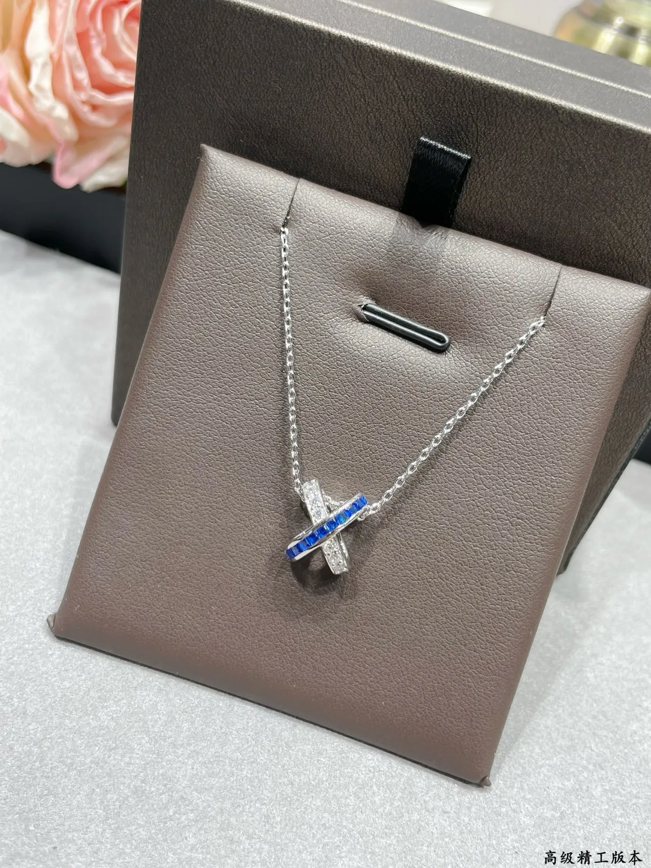 Silver Blue X-Shaped Pendant Channel-Set Stones Necklace 7