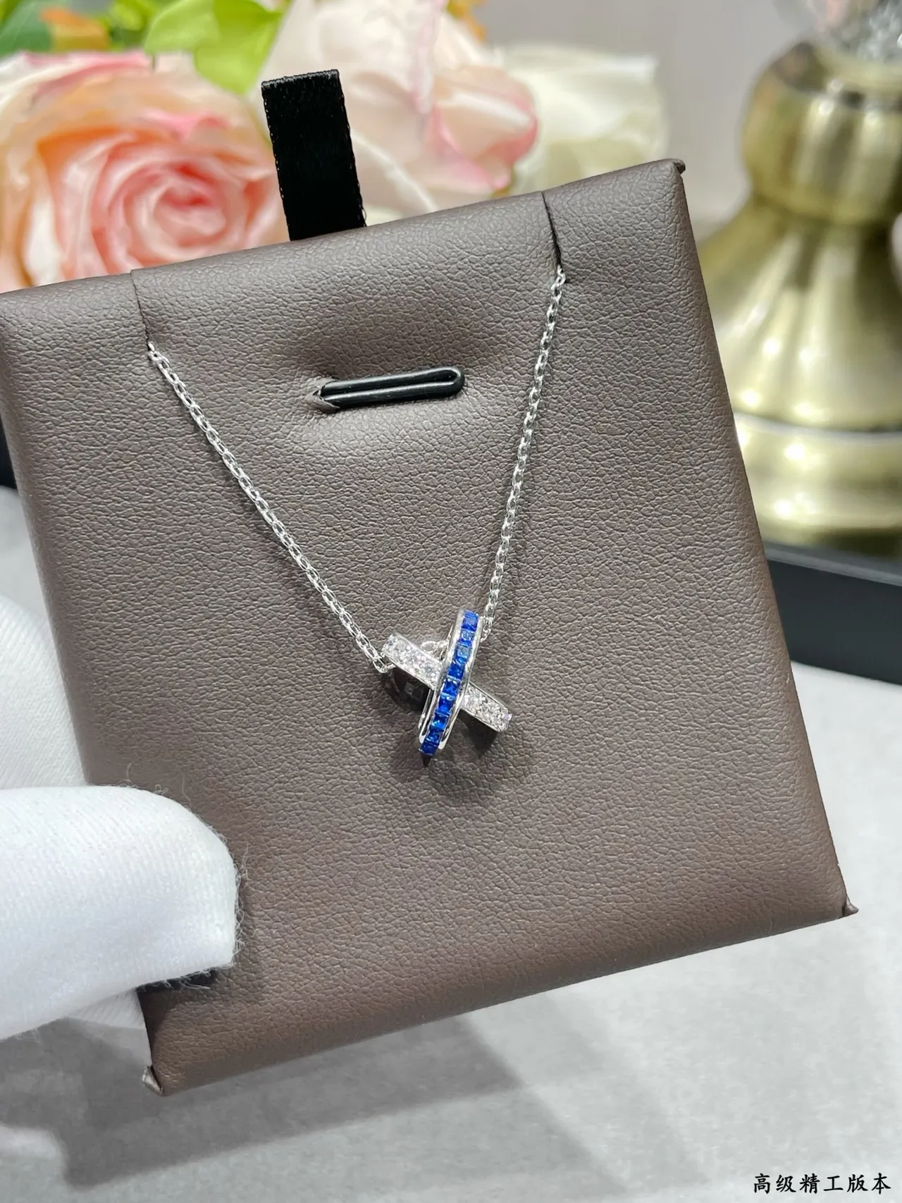 Silver Blue X-Shaped Pendant Channel-Set Stones Necklace 8