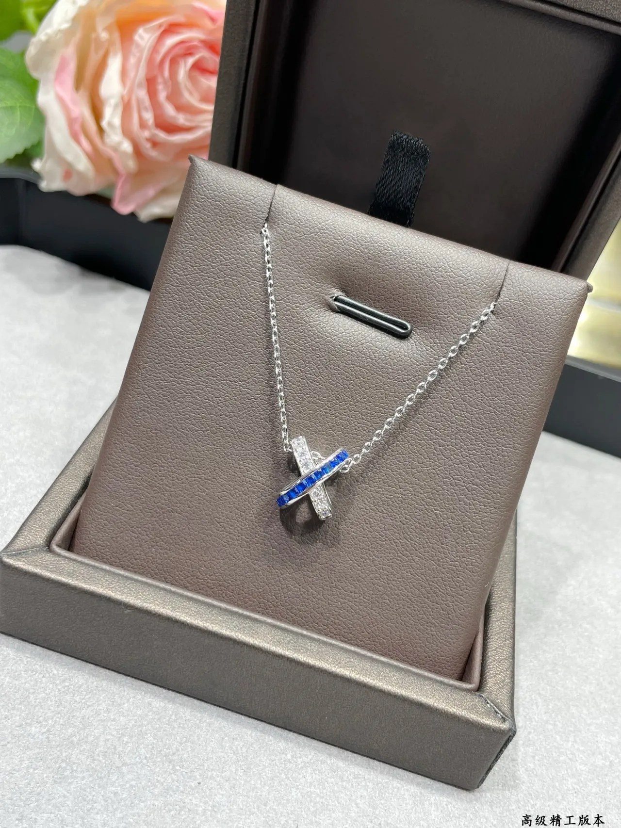 Silver Blue X-Shaped Pendant Channel-Set Stones Necklace 9