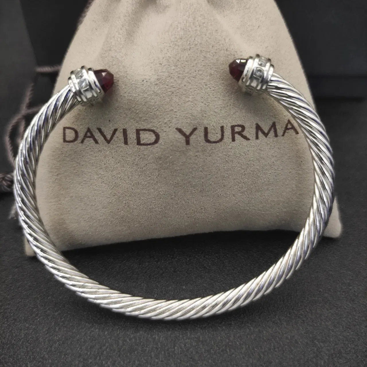 Silver Burgundy Twisted Cable Faceted Gemstone Terminals Bracelet 2