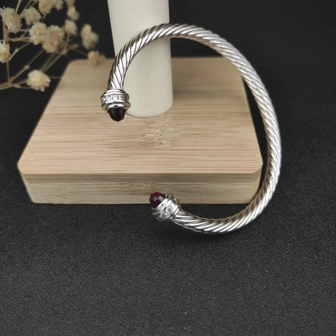Silver Burgundy Twisted Cable Faceted Gemstone Terminals Bracelet 4