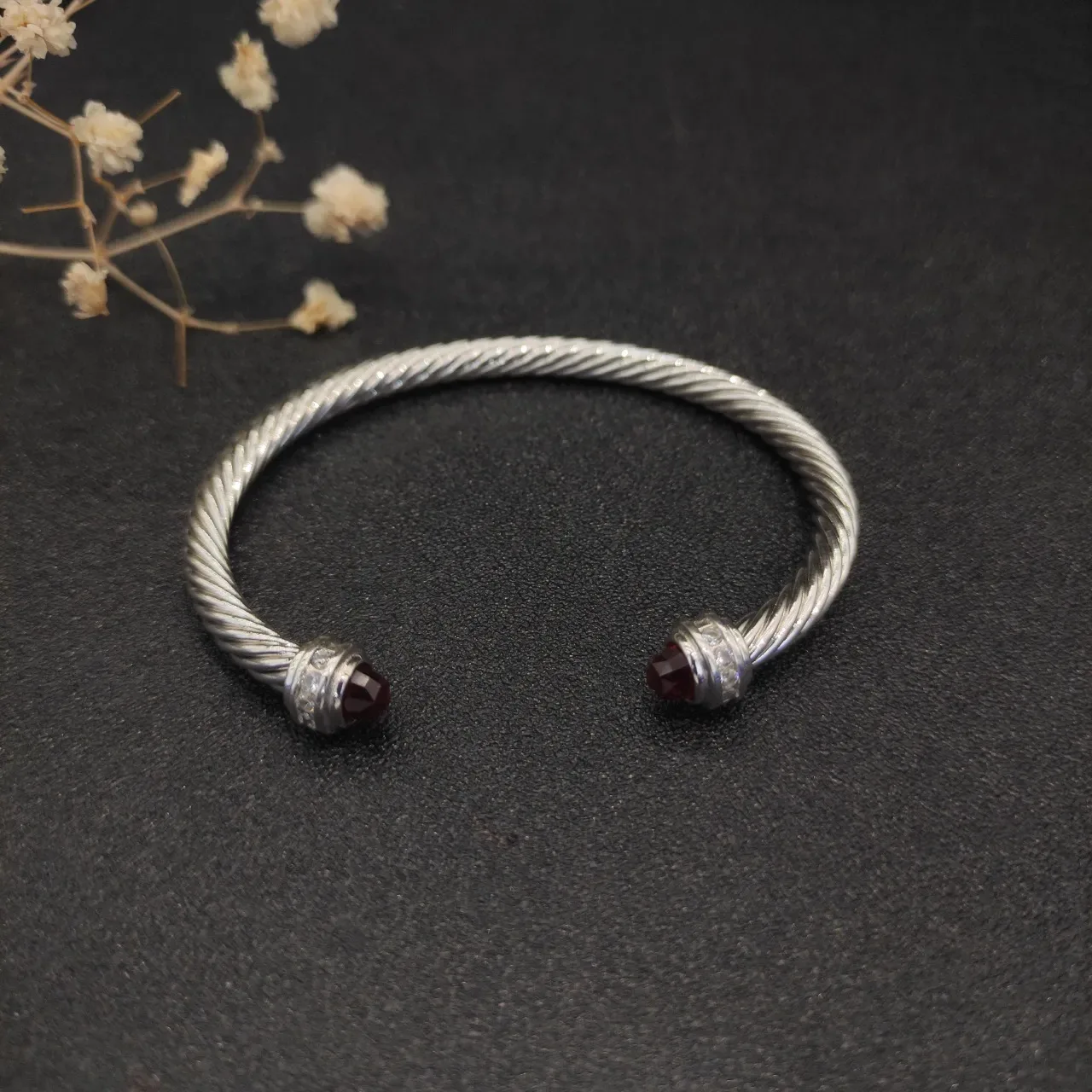 Silver Burgundy Twisted Cable Faceted Gemstone Terminals Bracelet 5