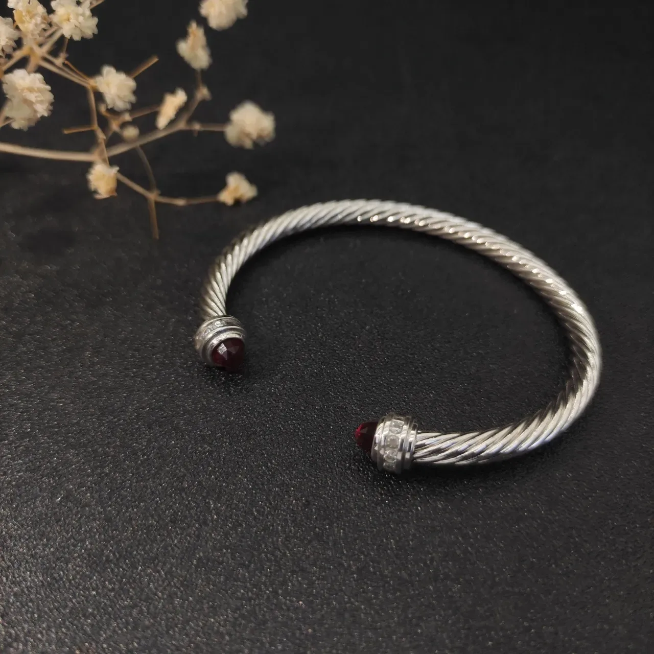 Silver Burgundy Twisted Cable Faceted Gemstone Terminals Bracelet 8