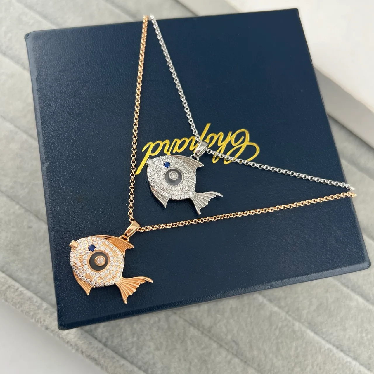 Silver Gold Fish-Shaped Pendant Pavé Crystal-Set Body Necklace 6
