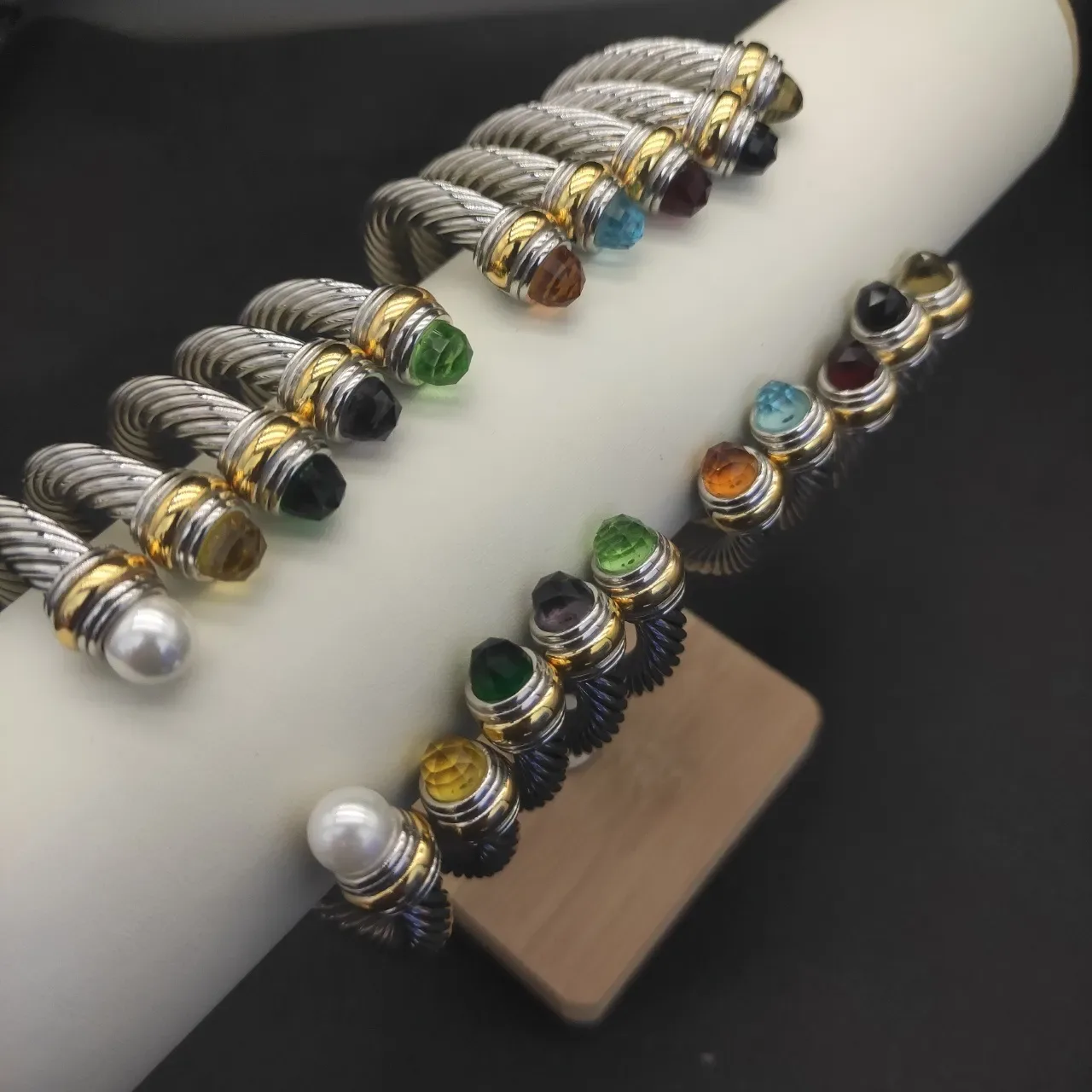 Silver Gold Twisted Cable Faceted Amber Stone Terminals Bracelet 2