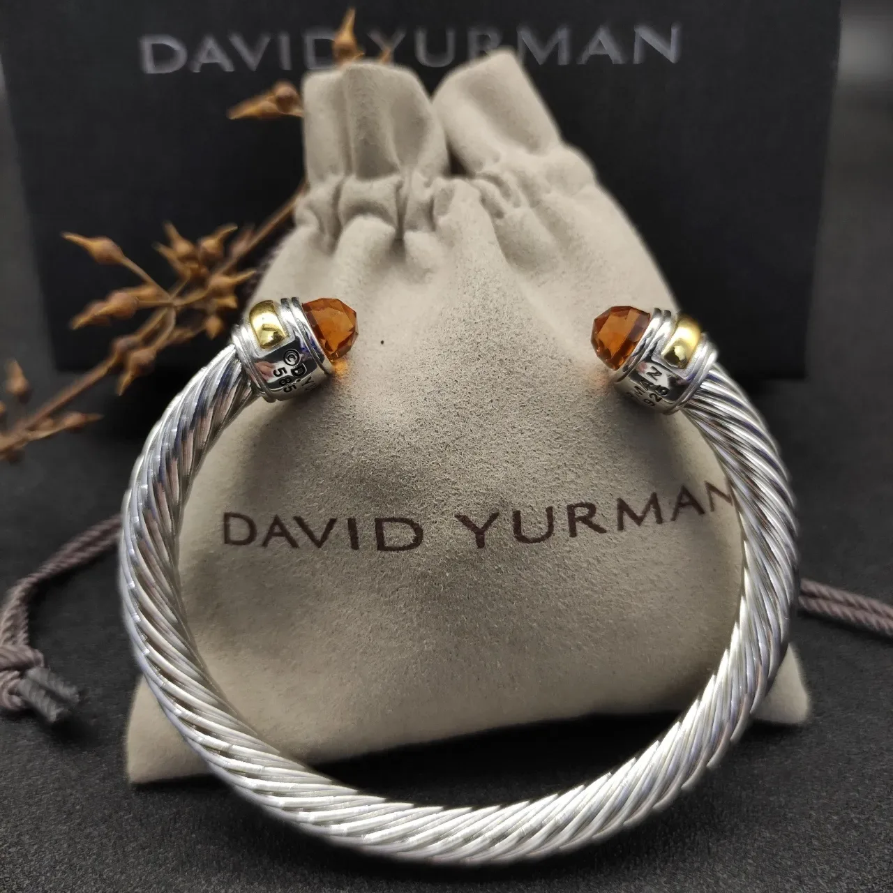 Silver Gold Twisted Cable Faceted Amber Stone Terminals Bracelet 5