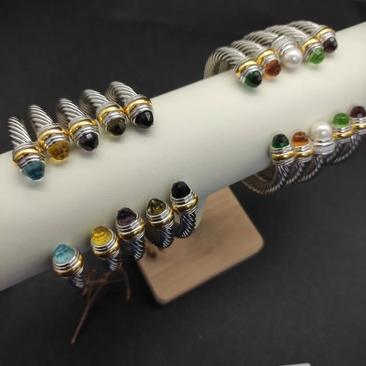 Silver Gold Twisted Cable Faceted Amber Stone Terminals Bracelet 7
