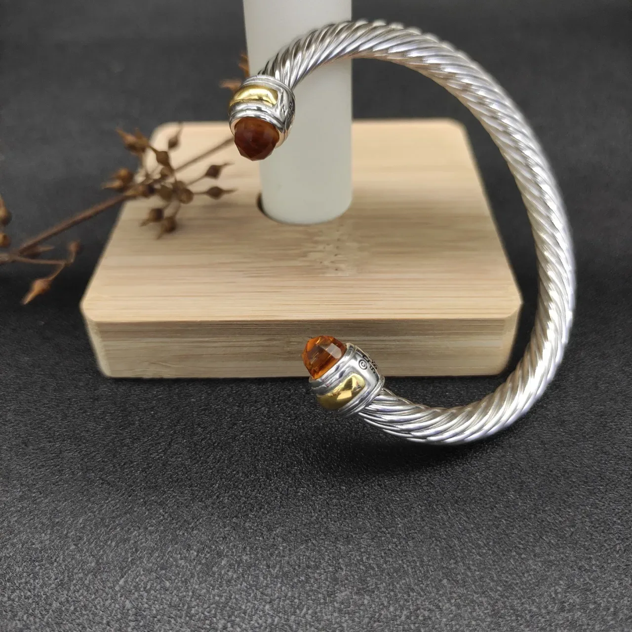 Silver Gold Twisted Cable Faceted Amber Stone Terminals Bracelet 8