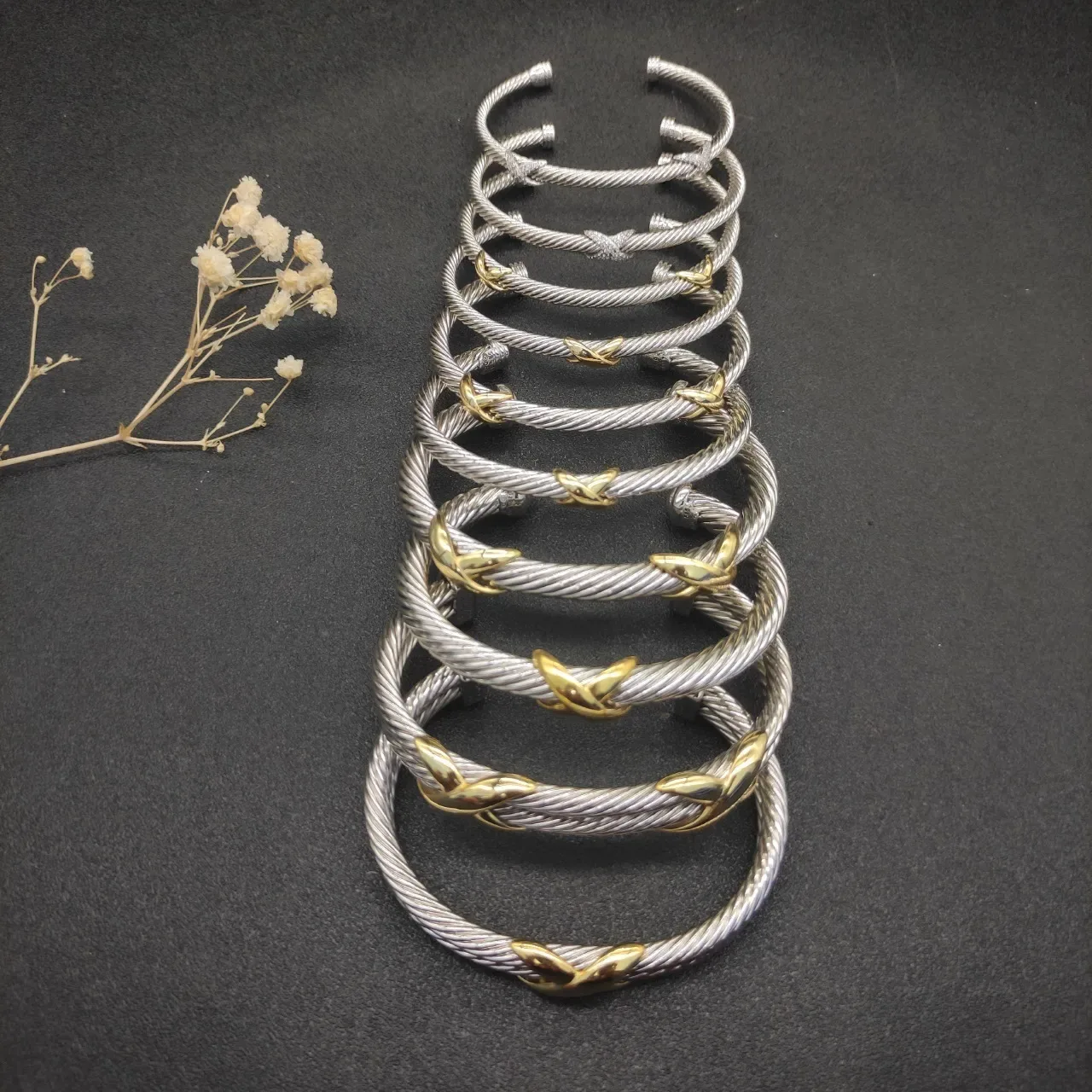 Silver Gold Twisted Cable Open Cuff Bracelet 3
