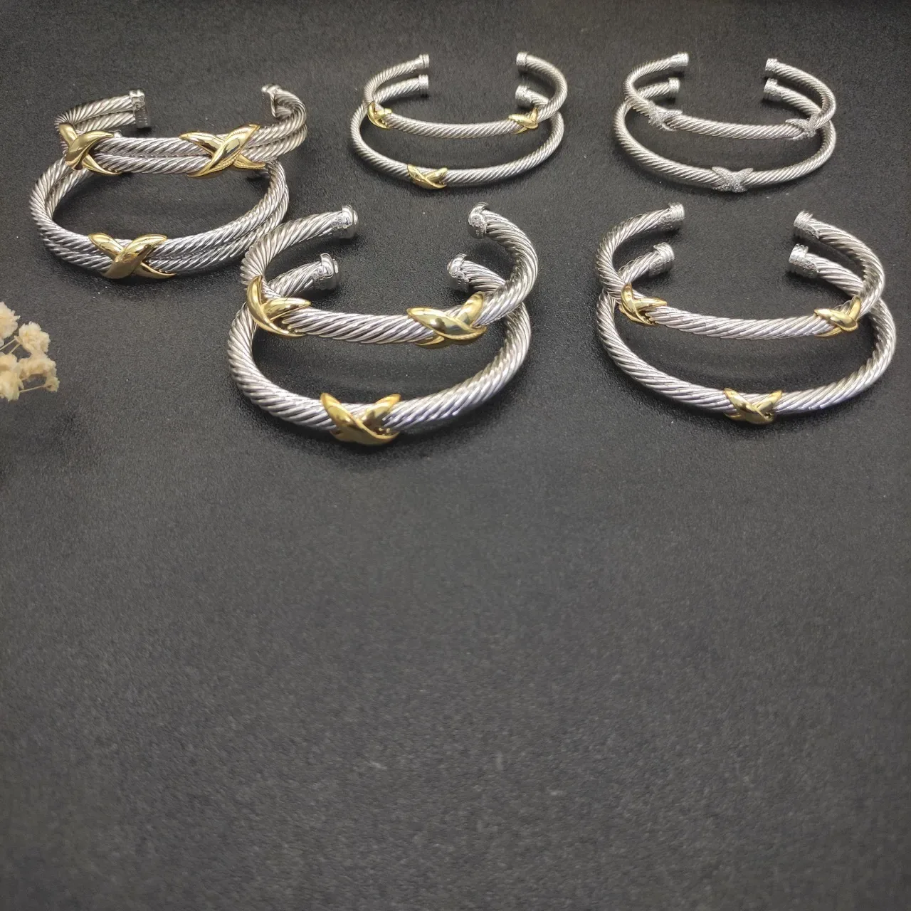 Silver Gold Twisted Cable Open Cuff Bracelet 4