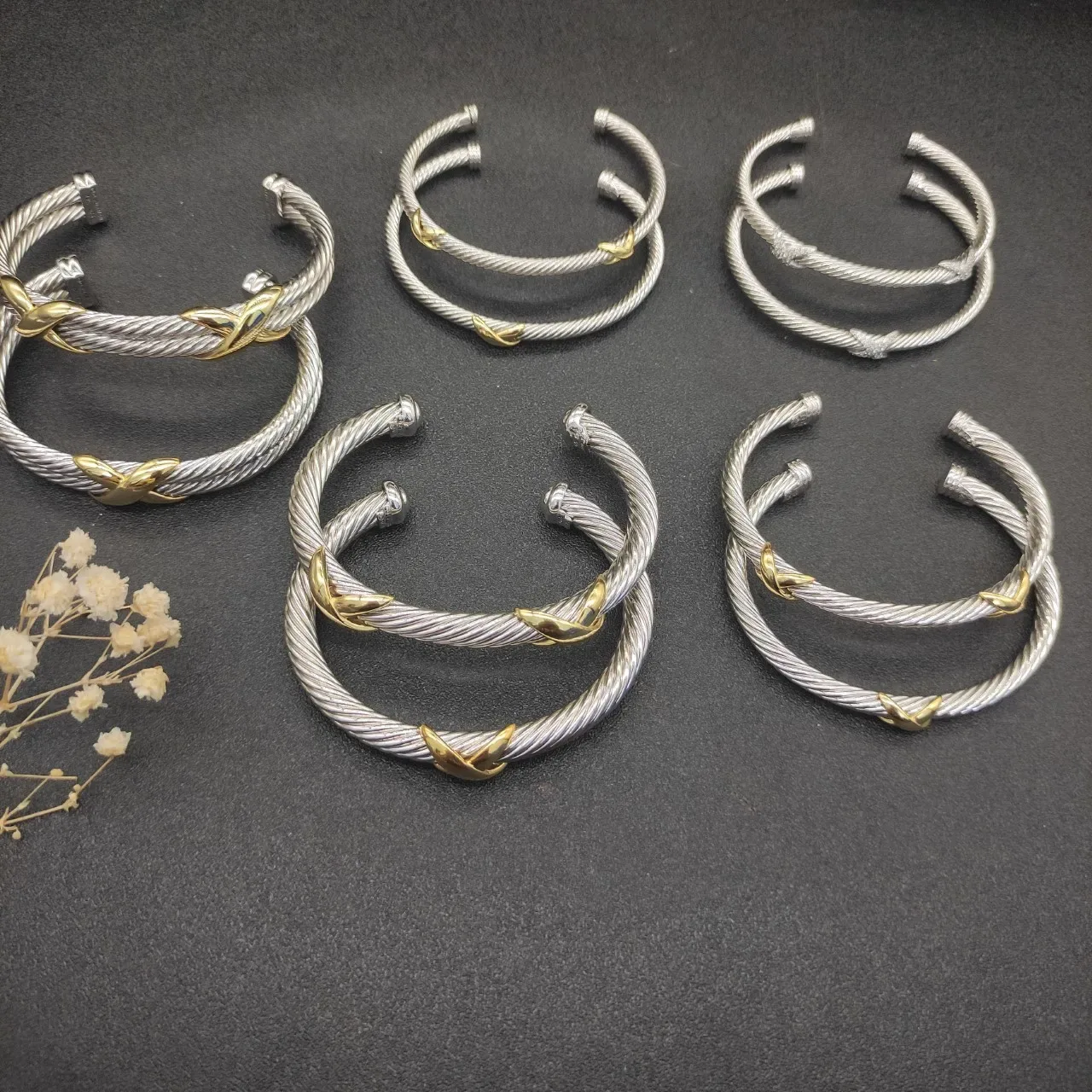 Silver Gold Twisted Cable Open Cuff Bracelet 5