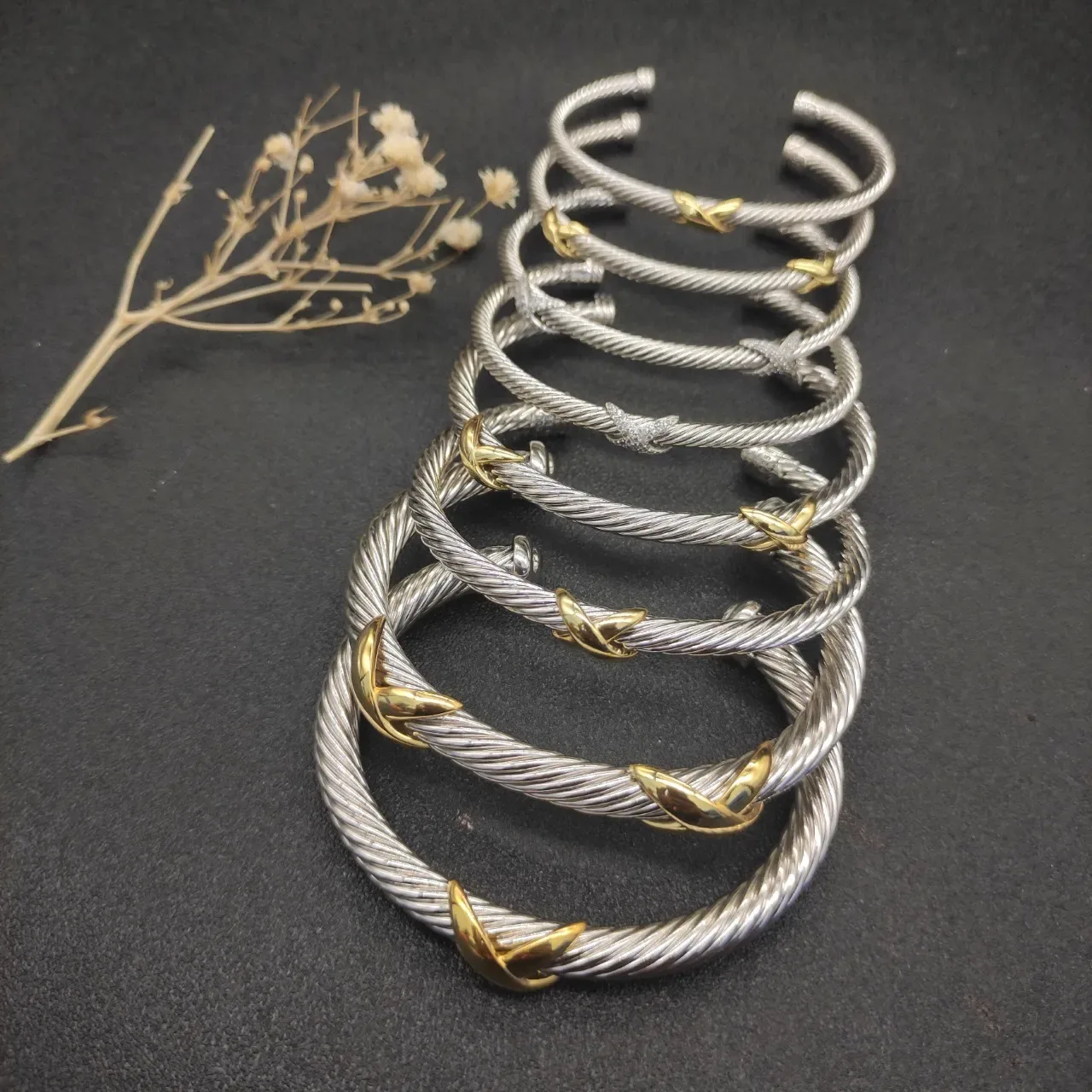 Silver Gold Twisted Cable Open Cuff Bracelet 6