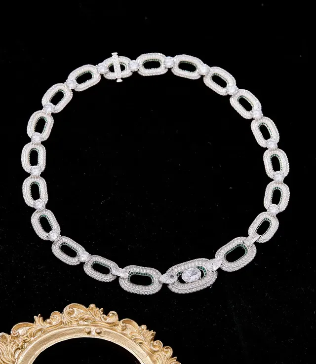 Silver Green Pave-Set Oval-Link Chain High-Polish White Metal Necklace 3