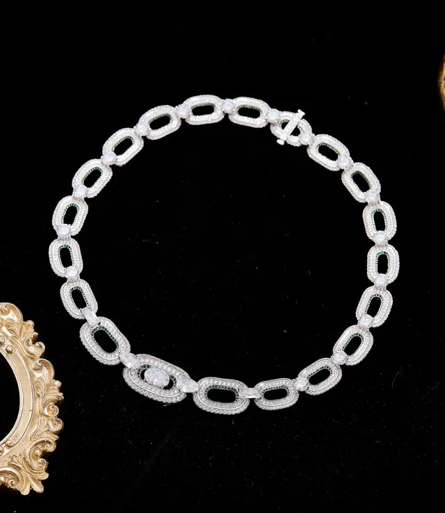 Silver Green Pave-Set Oval-Link Chain High-Polish White Metal Necklace 6