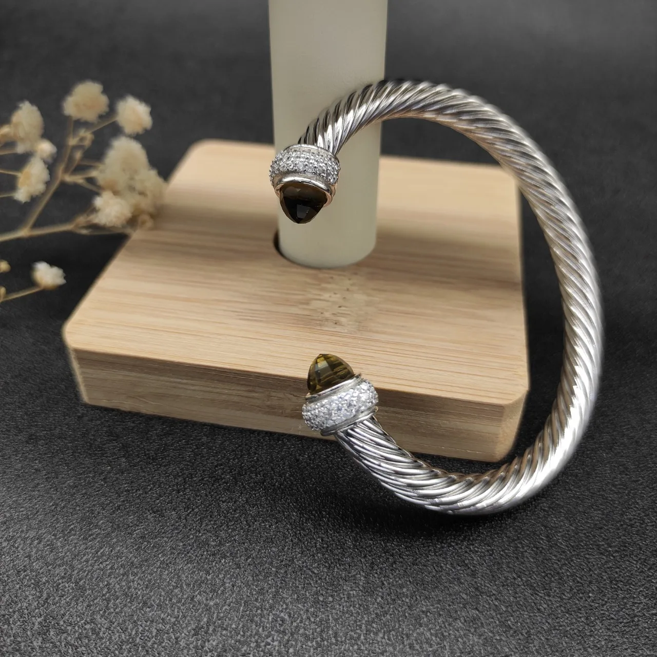 Silver Green Twisted Cable Construction Faceted Gemstone Terminals Bracelet 3