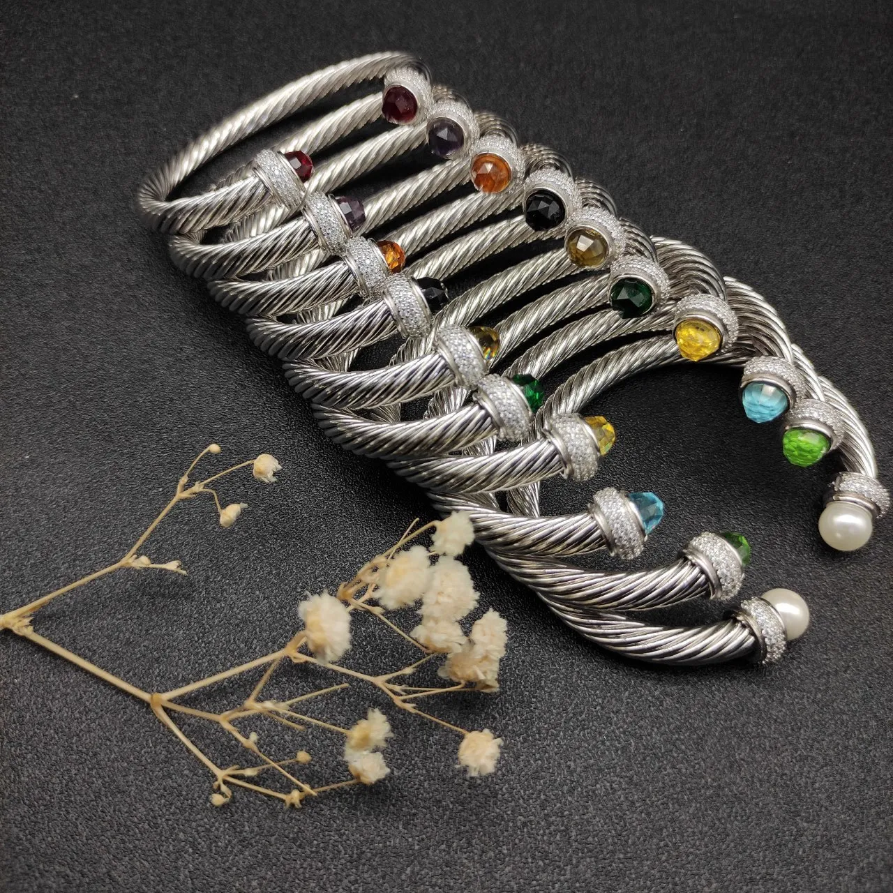 Silver Green Twisted Cable Construction Faceted Gemstone Terminals Bracelet 4