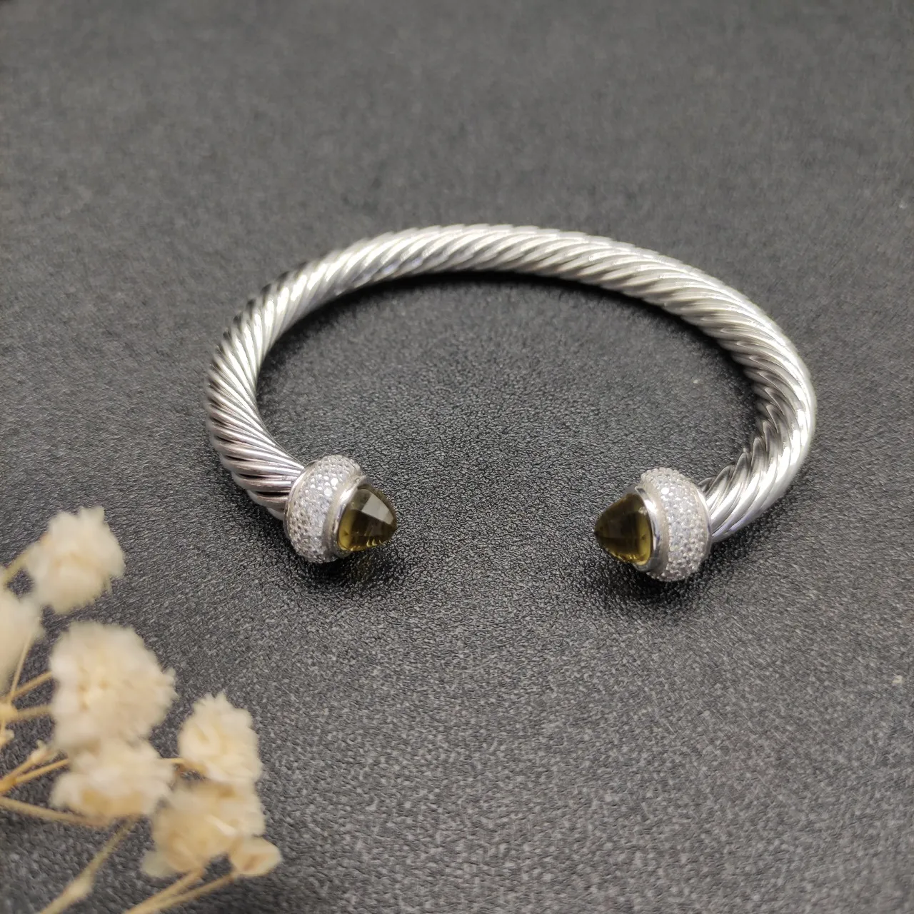Silver Green Twisted Cable Construction Faceted Gemstone Terminals Bracelet 5