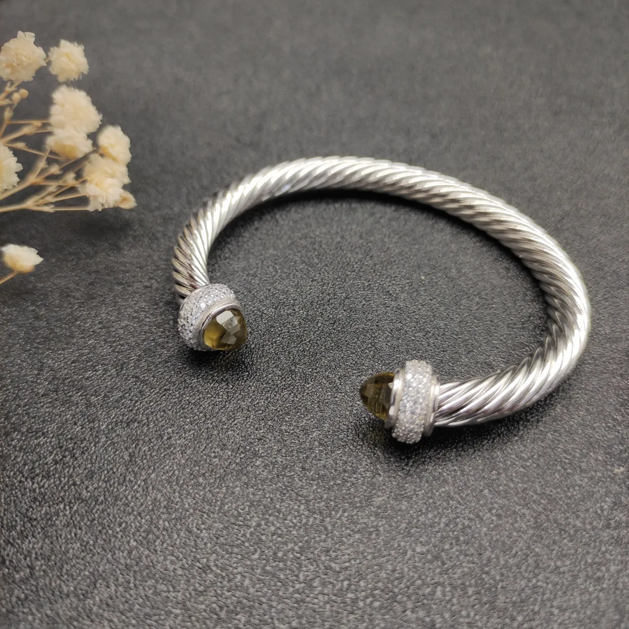 Silver Green Twisted Cable Construction Faceted Gemstone Terminals Bracelet 6