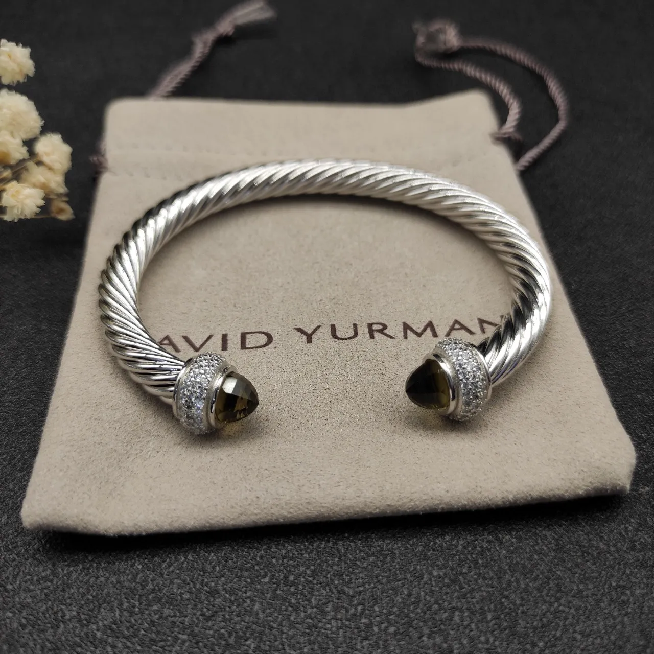 Silver Green Twisted Cable Construction Faceted Gemstone Terminals Bracelet 7