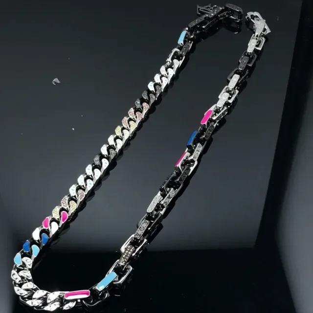 Silver Multicolor Chunky Curb Chain Enamel Inlay Necklace 1