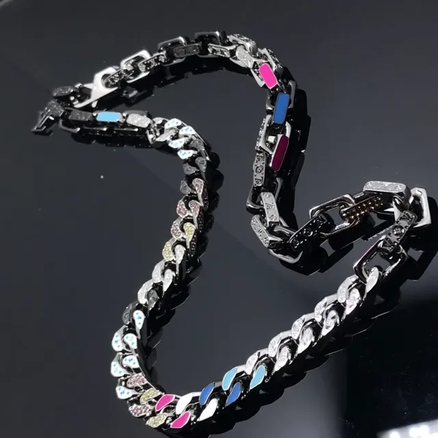 Silver Multicolor Chunky Curb Chain Enamel Inlay Necklace 3