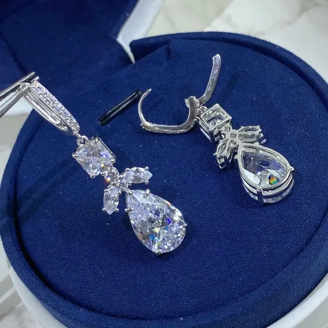 Silver Navy Multi-Stone Drop Pear-Cut Teardrop Earrings 2