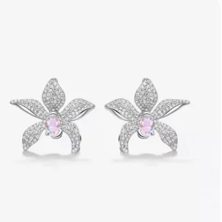 Silver Pink Orchid-Flower Silhouette Pavé-Set Earrings