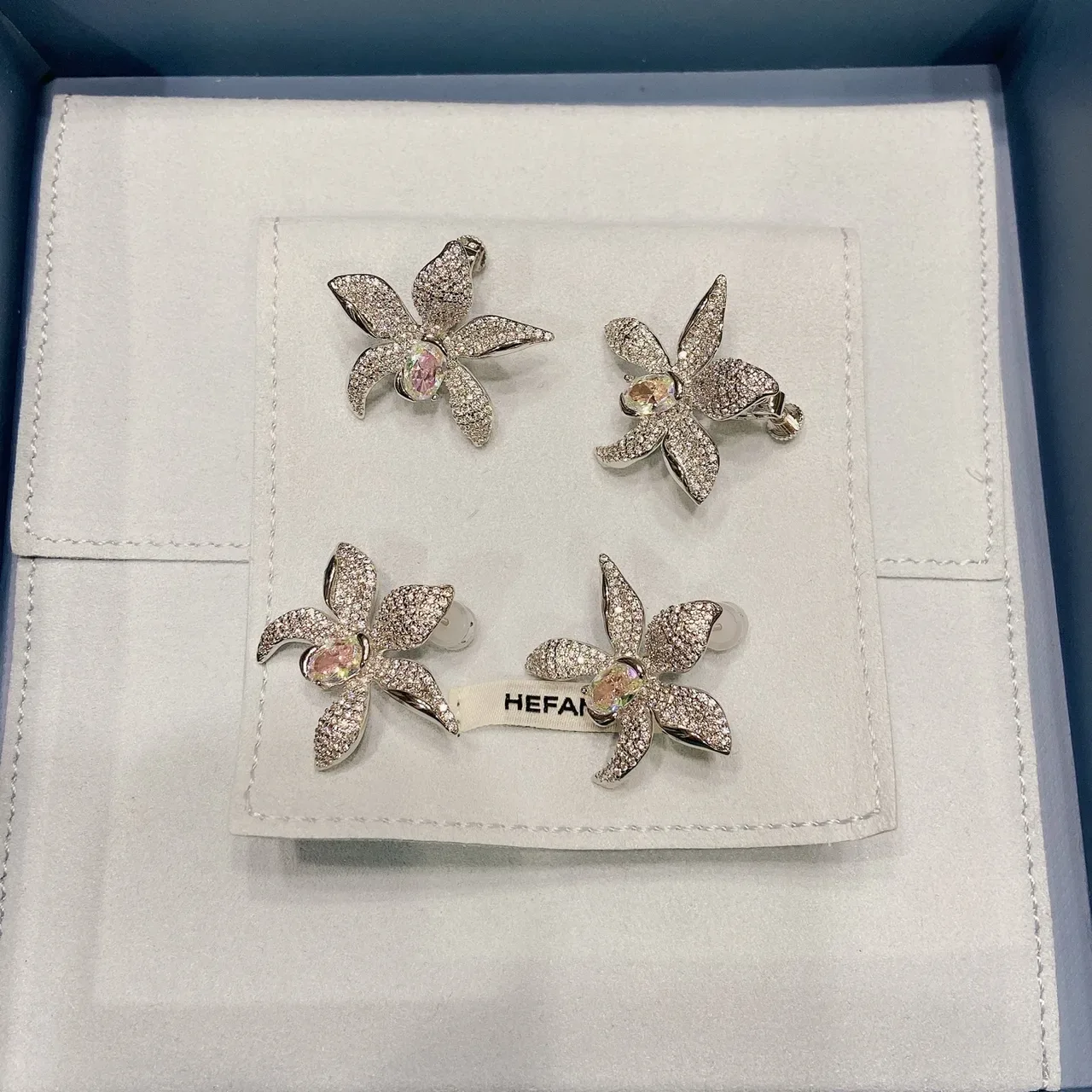 Silver Pink Orchid-Flower Silhouette Pavé-Set Earrings 6