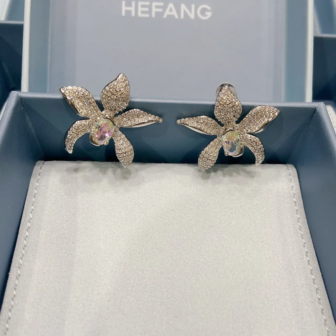 Silver Pink Orchid-Flower Silhouette Pavé-Set Earrings 7