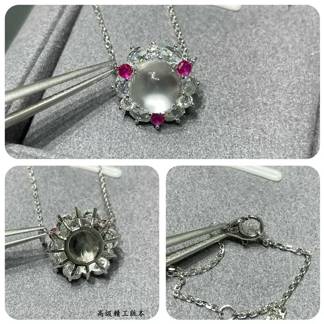 Silver Red Floral Halo Setting Cabochon Central Stone Necklace 5