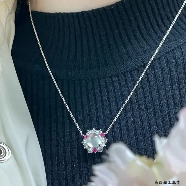 Silver Red Floral Halo Setting Cabochon Central Stone Necklace 8