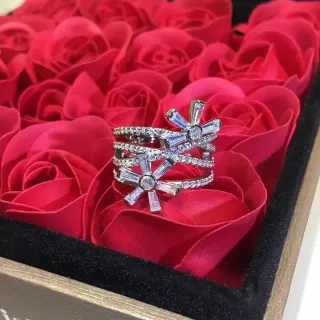 Silver Red Multi-Band Baguette-Cut Stone Ring