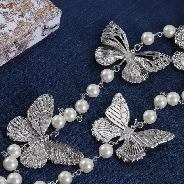 Silver-Tone Butterfly Pendant Pearl Bead Necklaces 2