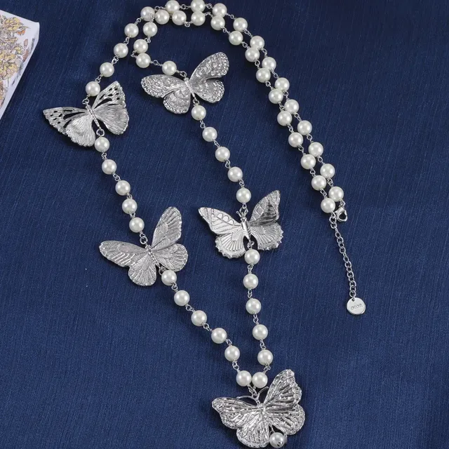 Silver-Tone Butterfly Pendant Pearl Bead Necklaces 5