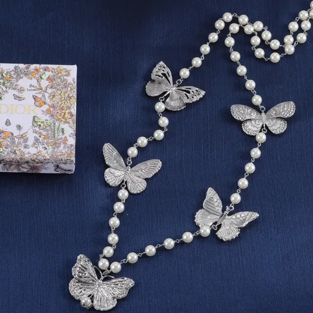 Silver-Tone Butterfly Pendant Pearl Bead Necklaces 6